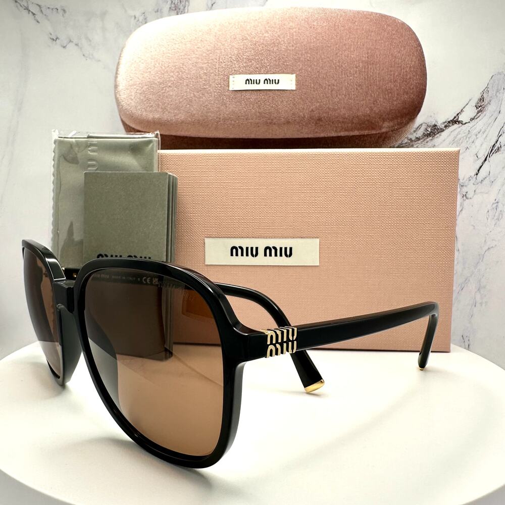 New MIU MIU Sunglasses MU B01S 16K90Q Black Brown Lens Oversized Pillow Square